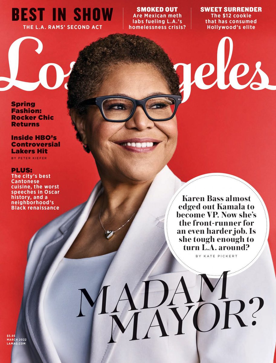 LAmag's tweet photo. .@LAmag March Cover: She almost beat Kamala to become VP. Now she’s the front-runner for an even harder job. @KarenBassLA has spent her life defying expectations. But is she tough enough to fix the city? https://t.co/UM3A8p0Myt https://t.co/ov9qUVuYwh