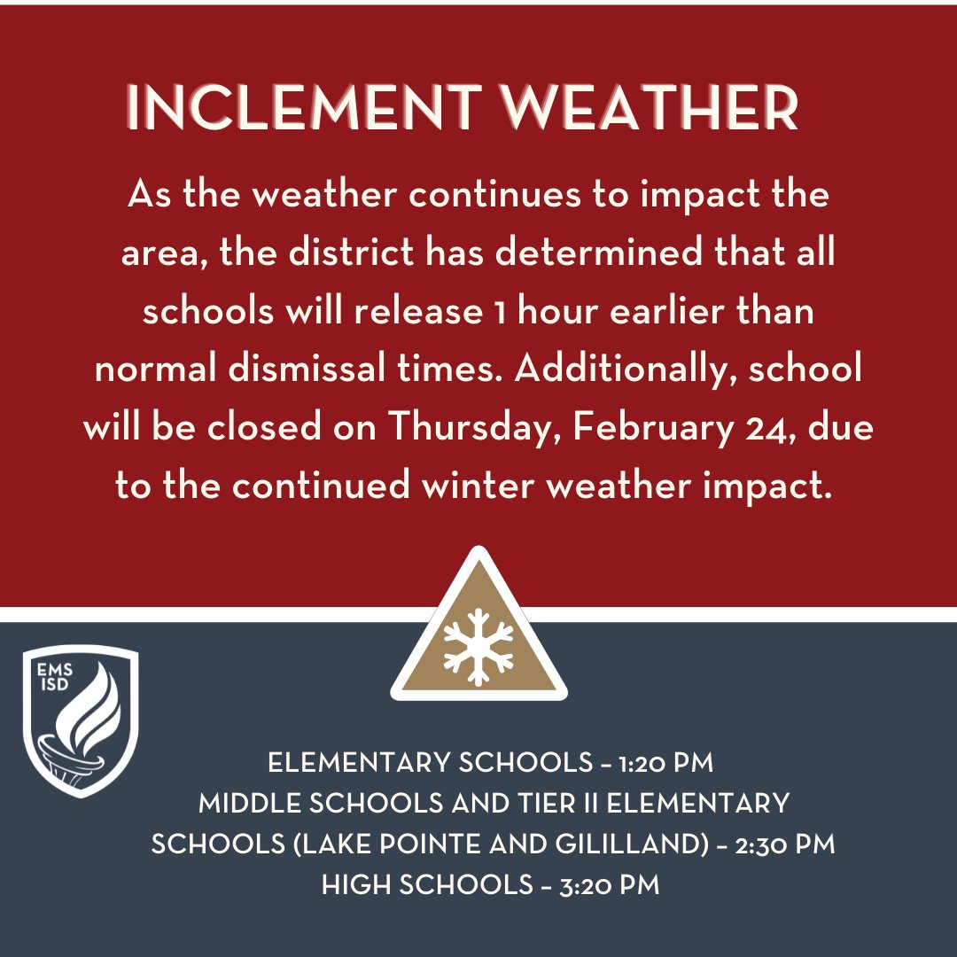 EMSISD's tweet image. Thank you for your continued patience and support during this developing weather event. This afternoon, buses will run regular routes on the amended schedule, but please expect delays due to the weather conditions and staffing shortages. emsisd.com