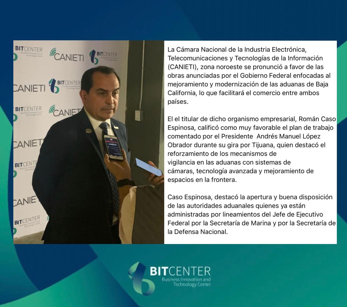 El Presidente de #CANIETI Noroeste y #BITcenter, resaltó lo comentado por el Presidente, Román Caso, durante su acto público, sobre las inversiones de modernización en los cruces fronterizos.

facebook.com/88842699784782…