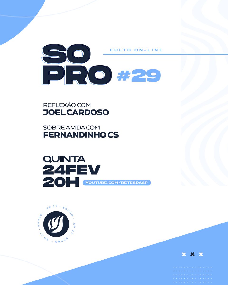 Quinta, 24 de fevereiro às 20h, acontece o Sopro #29 e será dia de conhecer a história do Fernadinho CS que faz parte do Comunhão Suprema.
 
📺 youtube.com/betesdasp
🔔 Ative as notificações