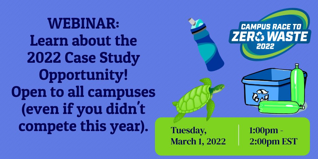 Mar 1 Webinar: <a href="/campusrace2zero/">Campus Race to Zero Waste</a> Case Study Opportunity, learn about case study categories, best practices in writing a case study, &amp; recognition opportunities. All campuses welcome! Register for webinar at support.nwf.org/page/37867/sur…
#PlasticPollution #Recycling #ZeroWaste