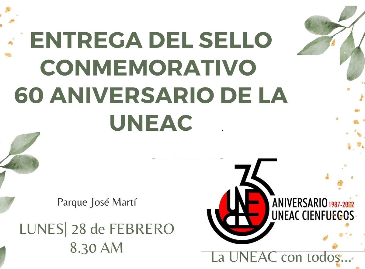 Este Lunes, 28 de Febrero se entregará en Cienfuegos la Medalla conmemorativa por el 60 Aniversario de la Uneac. Detalles más adelante por JaguaTVe👇
#UNEAC60Aniversario
#UNEACCienfuegos
#CubaEsCultura
#CienfuegosEncanta
#jaguatve