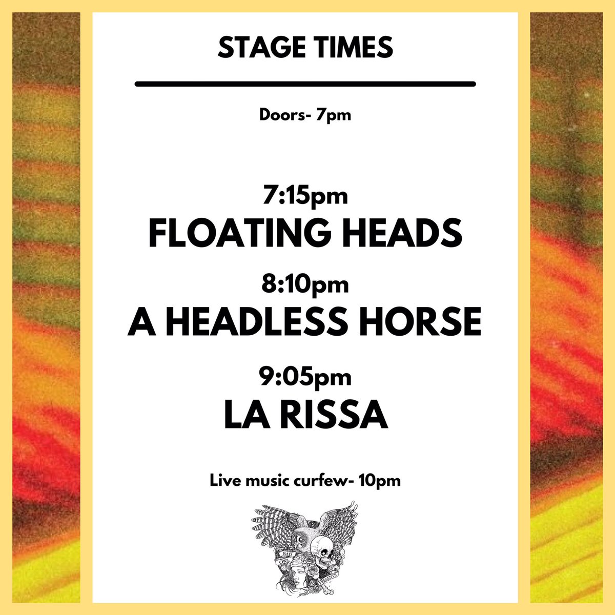 BadOwlPresents's tweet photo. Stage times for Friday night at @WharfChambersCC - get down early for Floating Heads, and then party with @larissamusicuk without having to worry about missing trains/buses!

Tickets available here: https://t.co/BTKGyJSLYd https://t.co/QWEg59SEmM