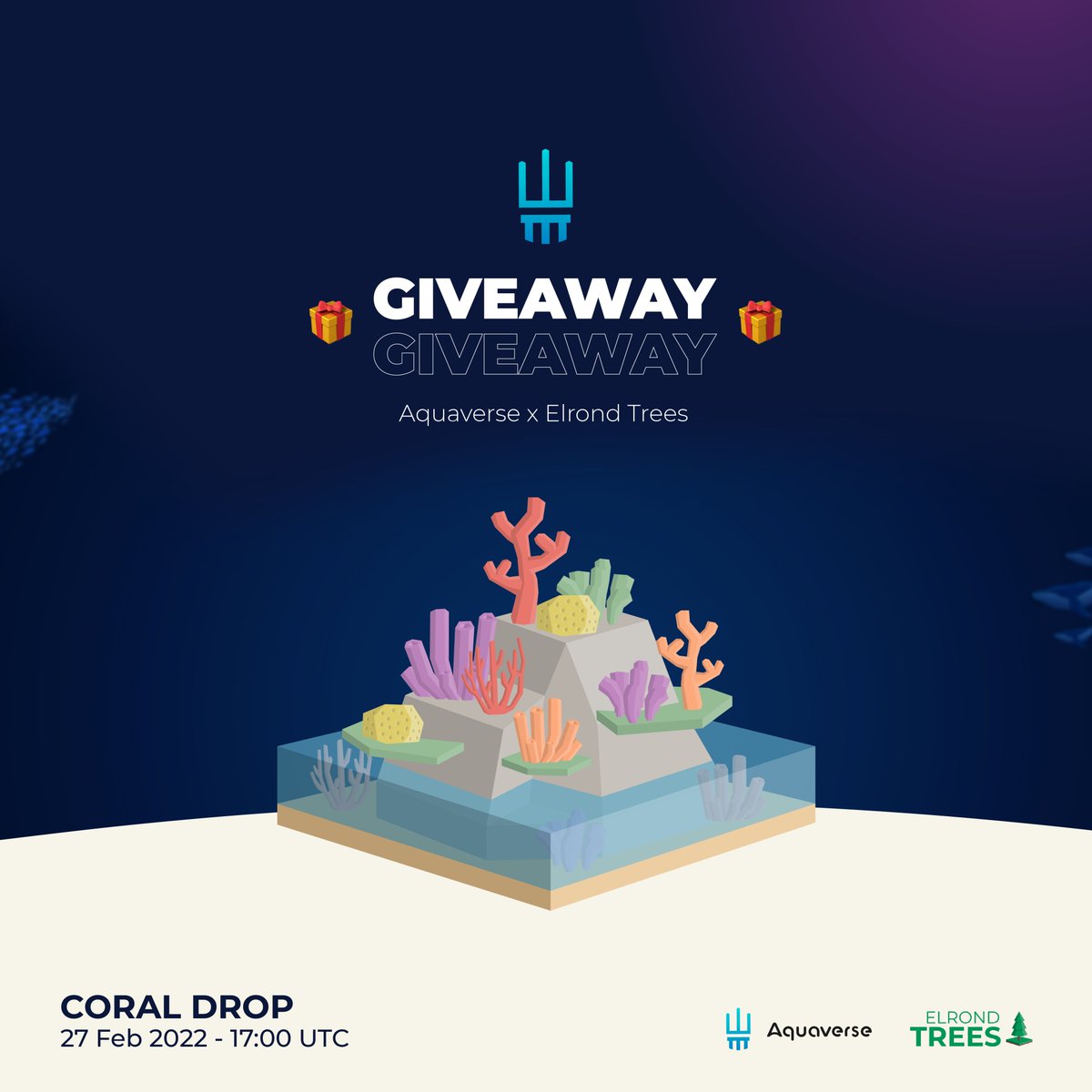 Aquaverse 🔱 (@theaquaverse) on Twitter photo 🔱 Let's skip to the good part 🌲
With our friends @ElrondTrees, we have decided to be generous in this giveaway! 😍
🎁 10 Winners will receive a Coral from the collaboration simply by :
RT This tweet
Follow <a href="/TheAquaverse/">Aquaverse 🔱</a> & @ElrondTrees
📅 Ends on Feb. 27 at 11:00 UTC 🔱 Let's skip to the good part 🌲
With our friends @ElrondTrees, we have decided to be generous in this giveaway! 😍
🎁 10 Winners will receive a Coral from the collaboration simply by :
RT This tweet
Follow <a href="/TheAquaverse/">Aquaverse 🔱</a> & @ElrondTrees
📅 Ends on Feb. 27 at 11:00 UTC