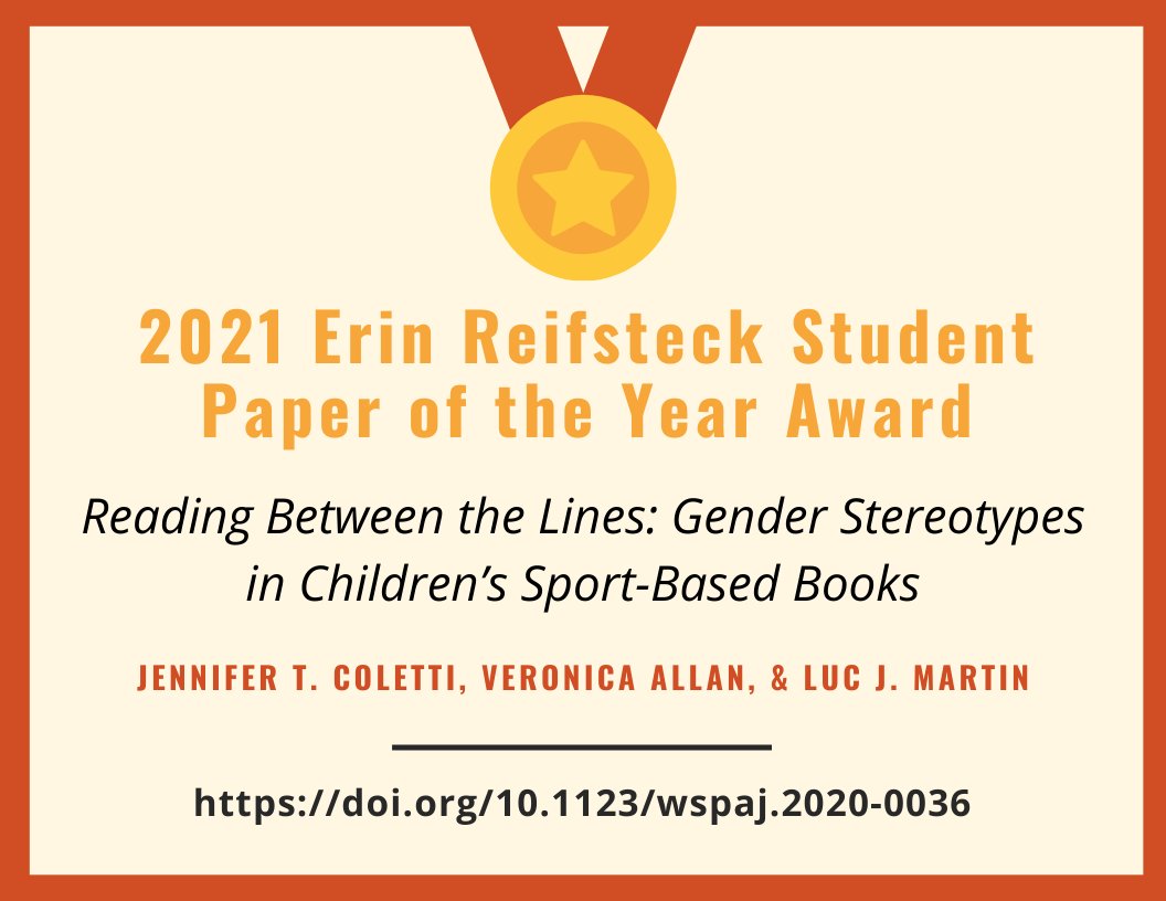 Women in Sport & Physical Activity Journal (@wspaj) on Twitter photo 🏆 We're excited to announce the winner of our 2021 Student Paper of the Year Award is Jennifer T. Coletti at Queen's University! <a href="/jen_coletti/">Jennifer Coletti</a>
🌟 Free to read in 2022!!
"Reading Between the Lines: Gender Stereotypes in Children’s Sport-Based Books"
➡️ doi.org/10.1123/wspaj.… 🏆 We're excited to announce the winner of our 2021 Student Paper of the Year Award is Jennifer T. Coletti at Queen's University! <a href="/jen_coletti/">Jennifer Coletti</a>
🌟 Free to read in 2022!!
"Reading Between the Lines: Gender Stereotypes in Children’s Sport-Based Books"
➡️ doi.org/10.1123/wspaj.…