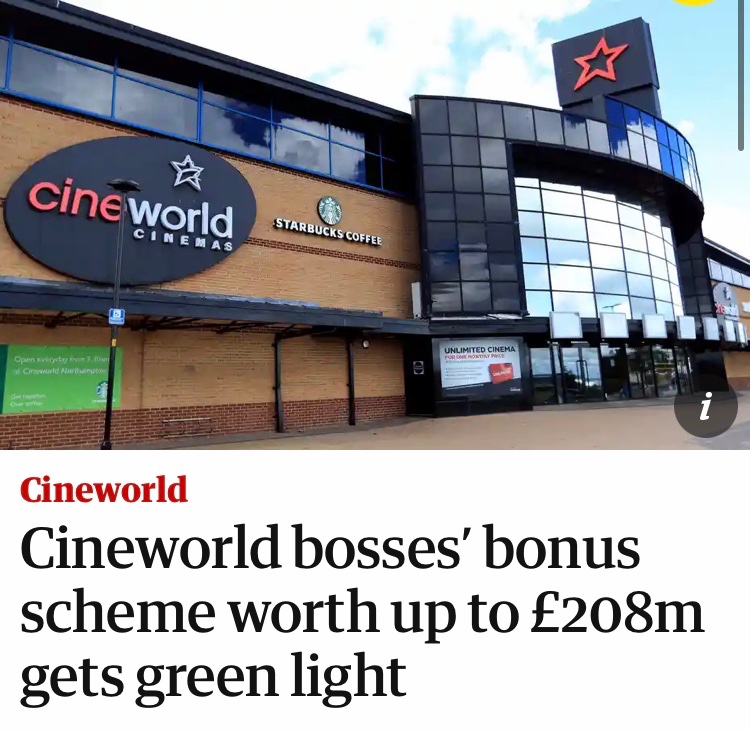 #CineworldDay can I make a plea to cinema goers. ignore this chain and their greedy executives who are in line for 200m bonus when many of us are in dire financial straits. Go to independent cinema. Let’s try to ensure the boss does get his obscene payday