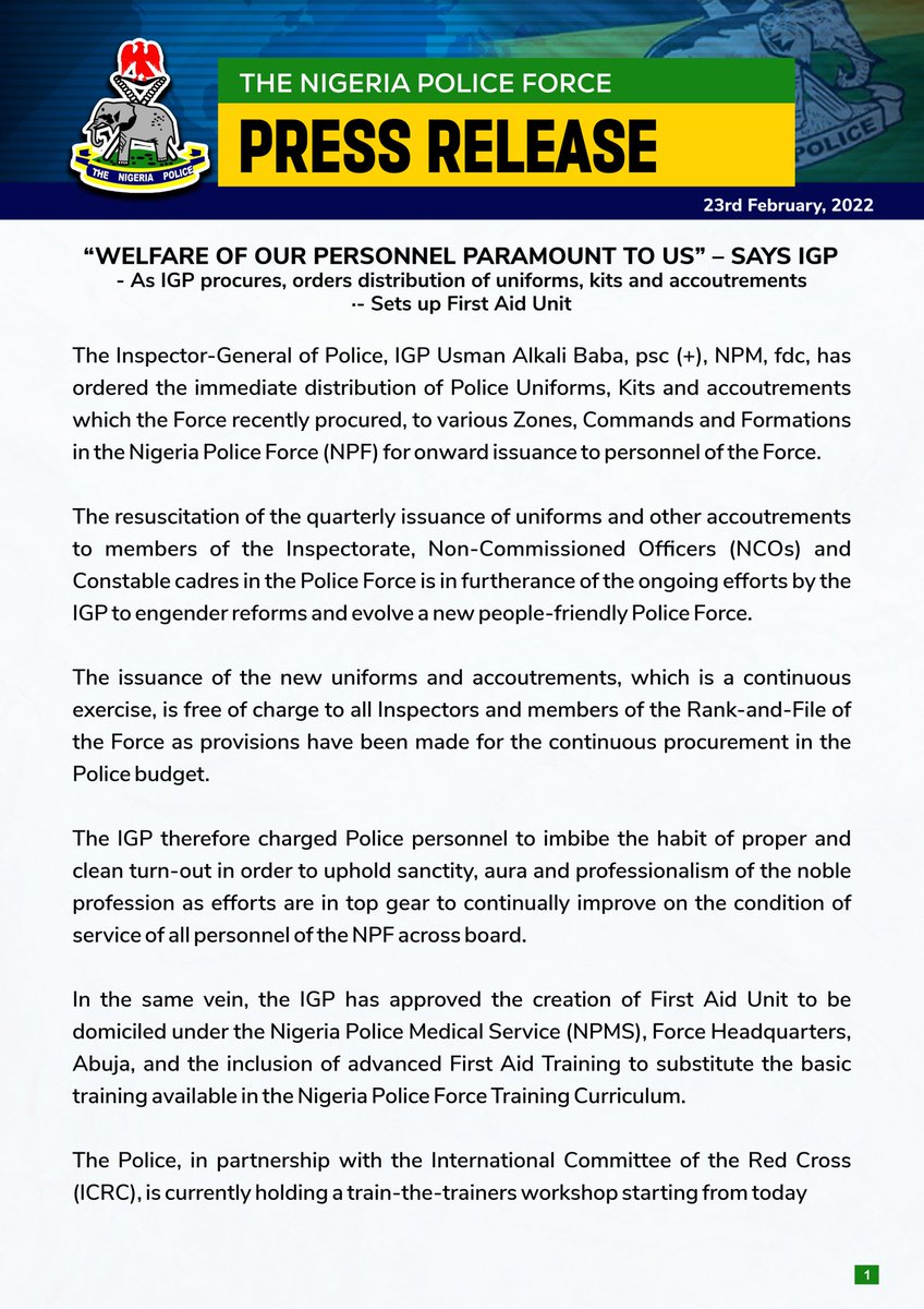 PoliceNG's tweet photo. PRESS RELEASE

“WELFARE OF OUR PERSONNEL PARAMOUNT TO US” – SAYS IGP
•As IGP procures, orders distribution of uniforms, kits and accoutrements
•Sets up First Aid Unit https://t.co/yfQBVgSkwR