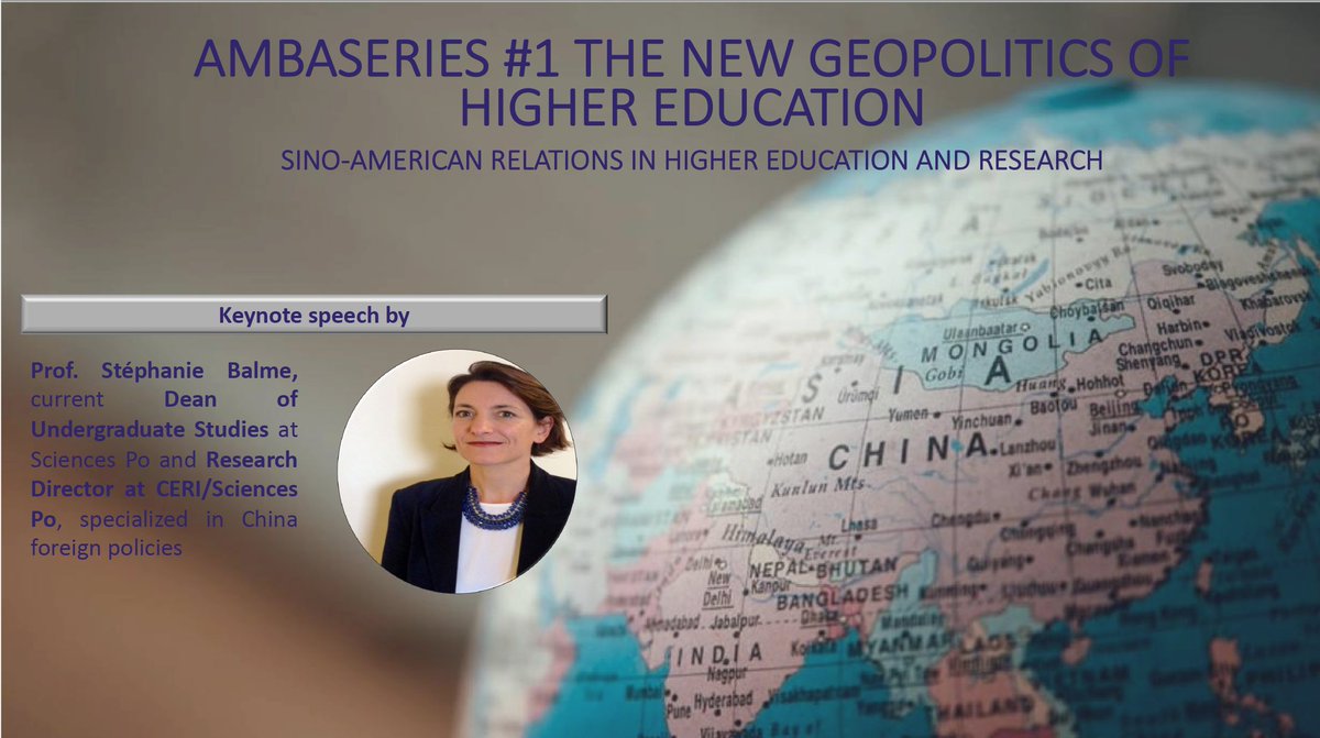 #Ambaseries 2⃣4⃣th of February 

Come to see Prof. Stéphanie Balme,  Research director at <a href="/CERI_SciencesPo/">CERI Sciences Po</a> tomorrow and hear her keynote speech on the impact of 🇨🇳🇺🇸 relations on #highereducation 

Don't forget to sign up here👉bit.ly/3h5SMbF