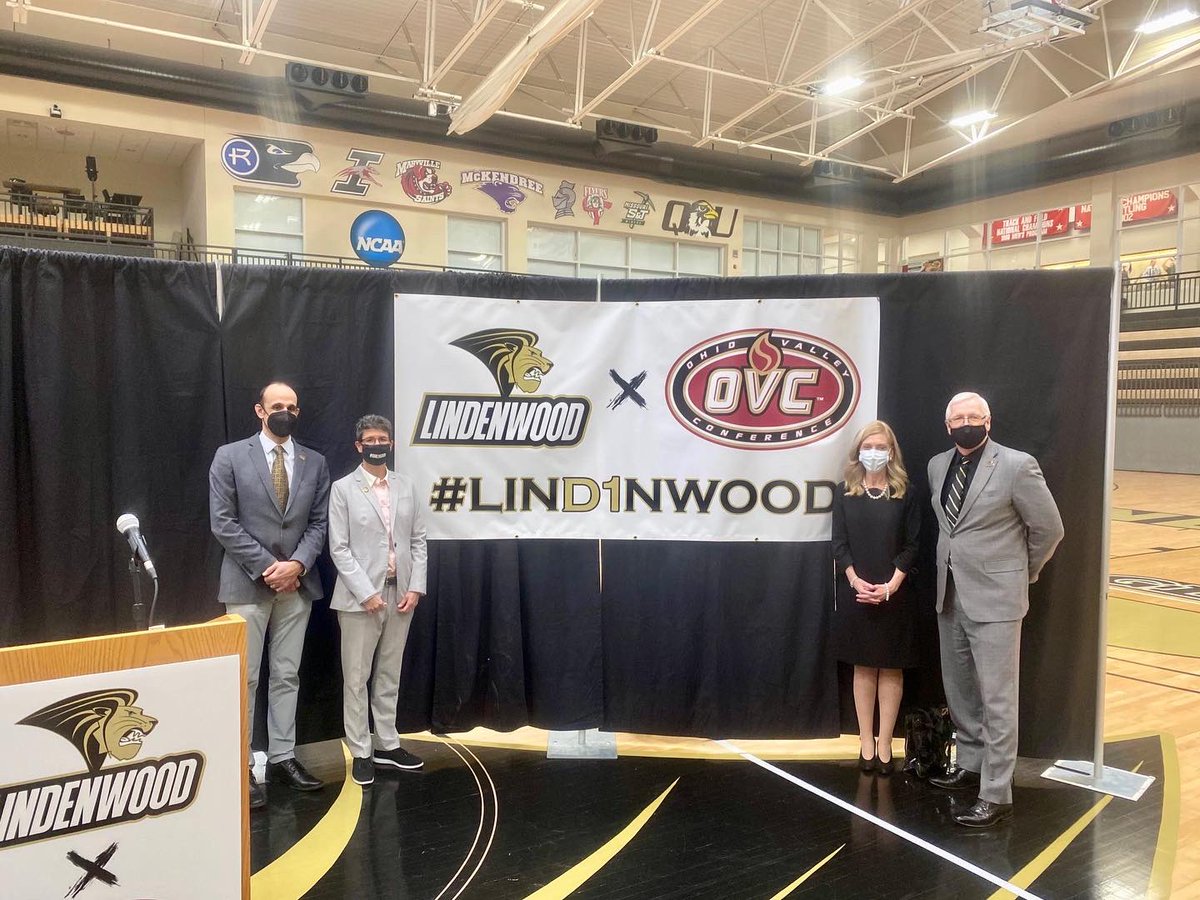 LindenwoodU's tweet photo. We are proud to announce that Lindenwood University is joining the Ohio Valley Conference and reclassifying to NCAA Division I! Big things are happening! #LIND1WOOD 🦁💛🖤
@OVCSports 
@LU_Lions https://t.co/Ih2PiC48pB