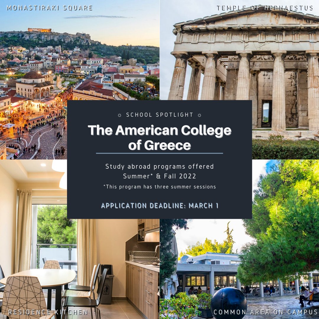 School Spotlight: The American College of Greece! 🇬🇷
Check out a Student Spotlight of an ACG study abroad alum here: bit.ly/34VYmet
» 
»
»
Application Deadline: March 1

More information at:
studyabroad.marquette.edu