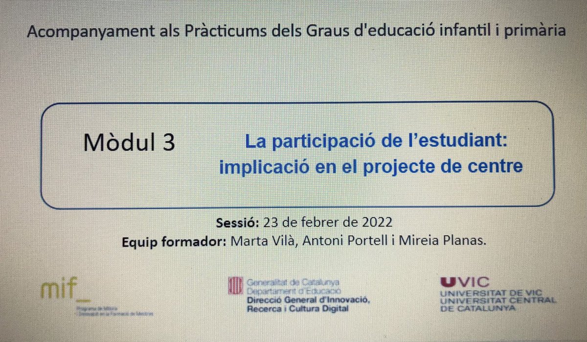 antoniportell's tweet image. Avui a #vic hem fet una nova sessió del curs  “Acompanyament als Pràcticums dels graus d’Educació Infantil i Primària” i ens hem centrat en la participació de l’estudiant. 

@Mireia19079106