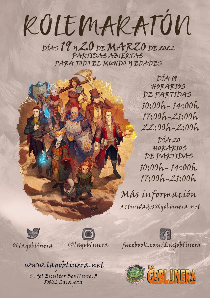Tenemos la enorme ilusión de presentaros el cartel de nuestra Rolemaratón 2022, que se celebrerá en nuestro local los próximos sábado 19 y domingo 20 de Marzo. Si, habéis léido bien ¡serán 2⃣ días de rol presencial! #Zaragoza #JDR #Rol +info⬇️