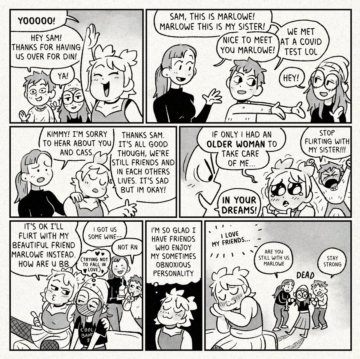 Dinner at Sams!!!  (In case it's not clear from the general tone of these comics, kimmy is careful not to cross any lines with their friends! All flirting is consensual fun for everyone lol)