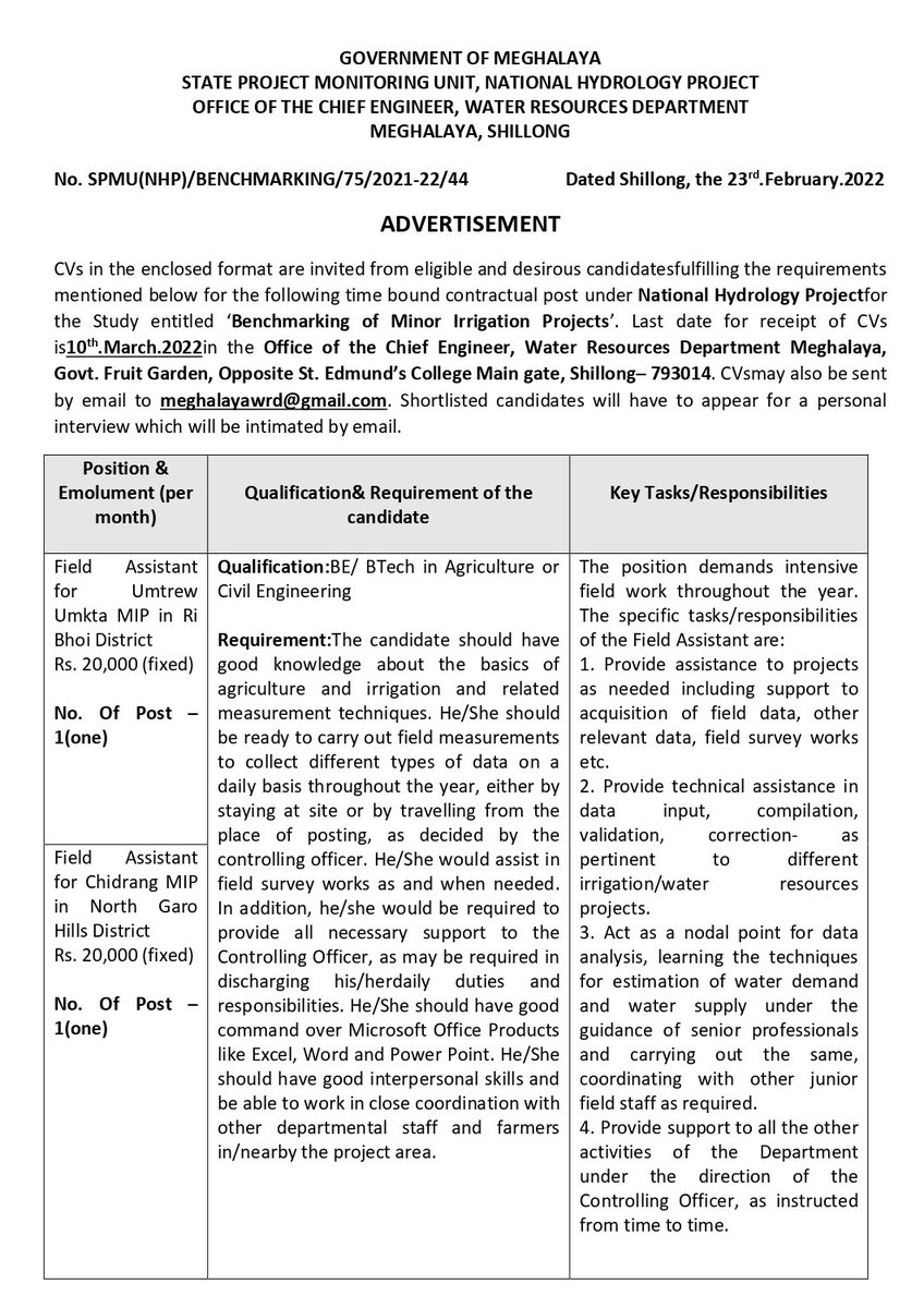 MeghalayaGov's tweet image. Application are invited for the post of #FieldAssistant on contract basis(meghalaya.gov.in/sites/default/…)