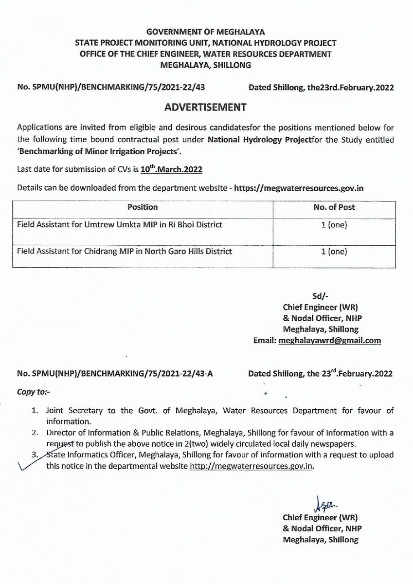 MeghalayaGov's tweet image. Application are invited for the post of #FieldAssistant on contract basis(meghalaya.gov.in/sites/default/…)