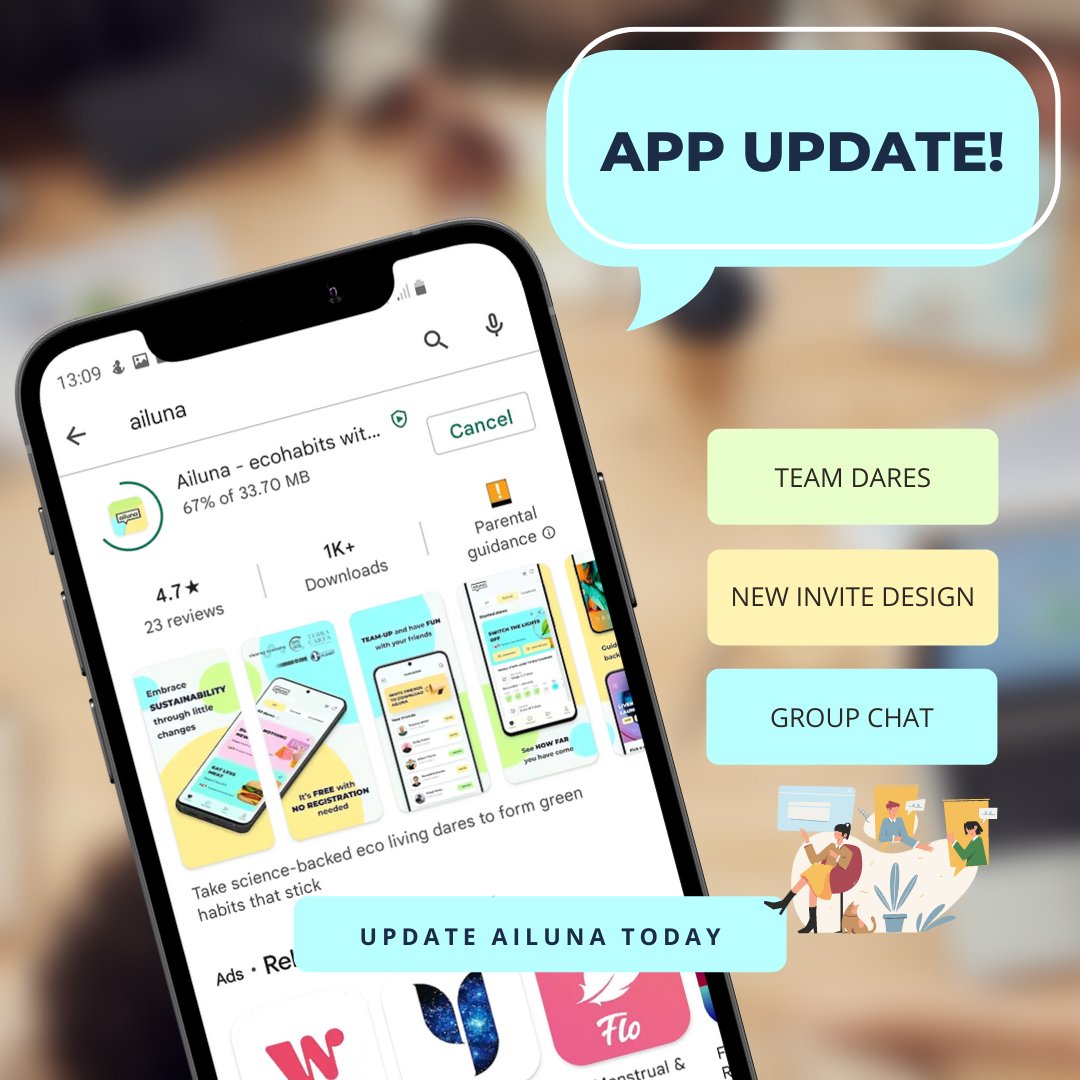 AilunaCommunity's tweet photo. APP UPDATE! Go to your app store, find Ailuna and update the app - from now on you can conquer dares in a team! Download👉https://t.co/opIC6M3qWn
#downloadapp #consciousbrand #sustainablefuture #appsforgood #sustainabilityapp #habitbuildingapp #reducewasteliving https://t.co/IKjwgZ4C5o