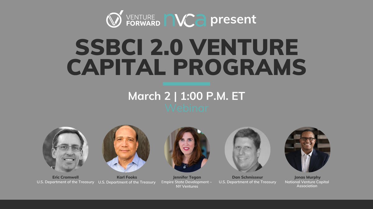 NVCA (@nvca) on Twitter photo 📅 March 2 at 1pm ET: Join NVCA, <a href="/VCForward/">Venture Forward</a> and representatives from <a href="/USTreasury/">Treasury Department</a> to learn about best practices for VC's considering #SSBCI funds.
🔗Register for the webinar featuring Eric Cromwell, Karl Fooks, @jrtegan, @dschmiss and <a href="/jonas_murph/">Jonas Murphy</a>: ow.ly/Sb6b50I1JFX 📅 March 2 at 1pm ET: Join NVCA, <a href="/VCForward/">Venture Forward</a> and representatives from <a href="/USTreasury/">Treasury Department</a> to learn about best practices for VC's considering #SSBCI funds.
🔗Register for the webinar featuring Eric Cromwell, Karl Fooks, @jrtegan, @dschmiss and <a href="/jonas_murph/">Jonas Murphy</a>: ow.ly/Sb6b50I1JFX