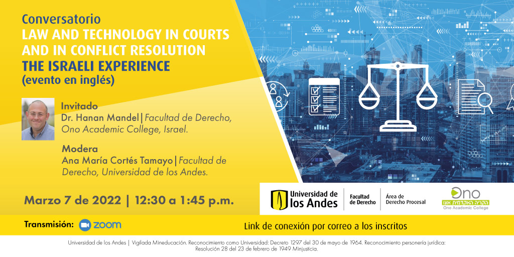 UniandesDerecho (@uniandesderecho) on Twitter photo ¿Cuál ha sido el mayor reto de la justicia virtual en Israel? <a href="/mandelh/">Hanan Mandel</a>, miembro de la Facultad de Derecho de <a href="/OnoAcademic/">Ono Academic College</a>, dará todos los detalles.
📣 Inscripciones: bit.ly/3vf1ugh
<a href="/judicaturacsj/">Rama Judicial</a> <a href="/consejodeestado/">Consejo de Estado</a> <a href="/CorteSupremaJ/">Corte Suprema de Justicia</a> <a href="/CConstitucional/">Corte Constitucional</a> <a href="/Dejusticia/">Dejusticia</a> <a href="/mariaruedaf/">María Rueda</a> ¿Cuál ha sido el mayor reto de la justicia virtual en Israel? <a href="/mandelh/">Hanan Mandel</a>, miembro de la Facultad de Derecho de <a href="/OnoAcademic/">Ono Academic College</a>, dará todos los detalles.
📣 Inscripciones: bit.ly/3vf1ugh
<a href="/judicaturacsj/">Rama Judicial</a> <a href="/consejodeestado/">Consejo de Estado</a> <a href="/CorteSupremaJ/">Corte Suprema de Justicia</a> <a href="/CConstitucional/">Corte Constitucional</a> <a href="/Dejusticia/">Dejusticia</a> <a href="/mariaruedaf/">María Rueda</a>