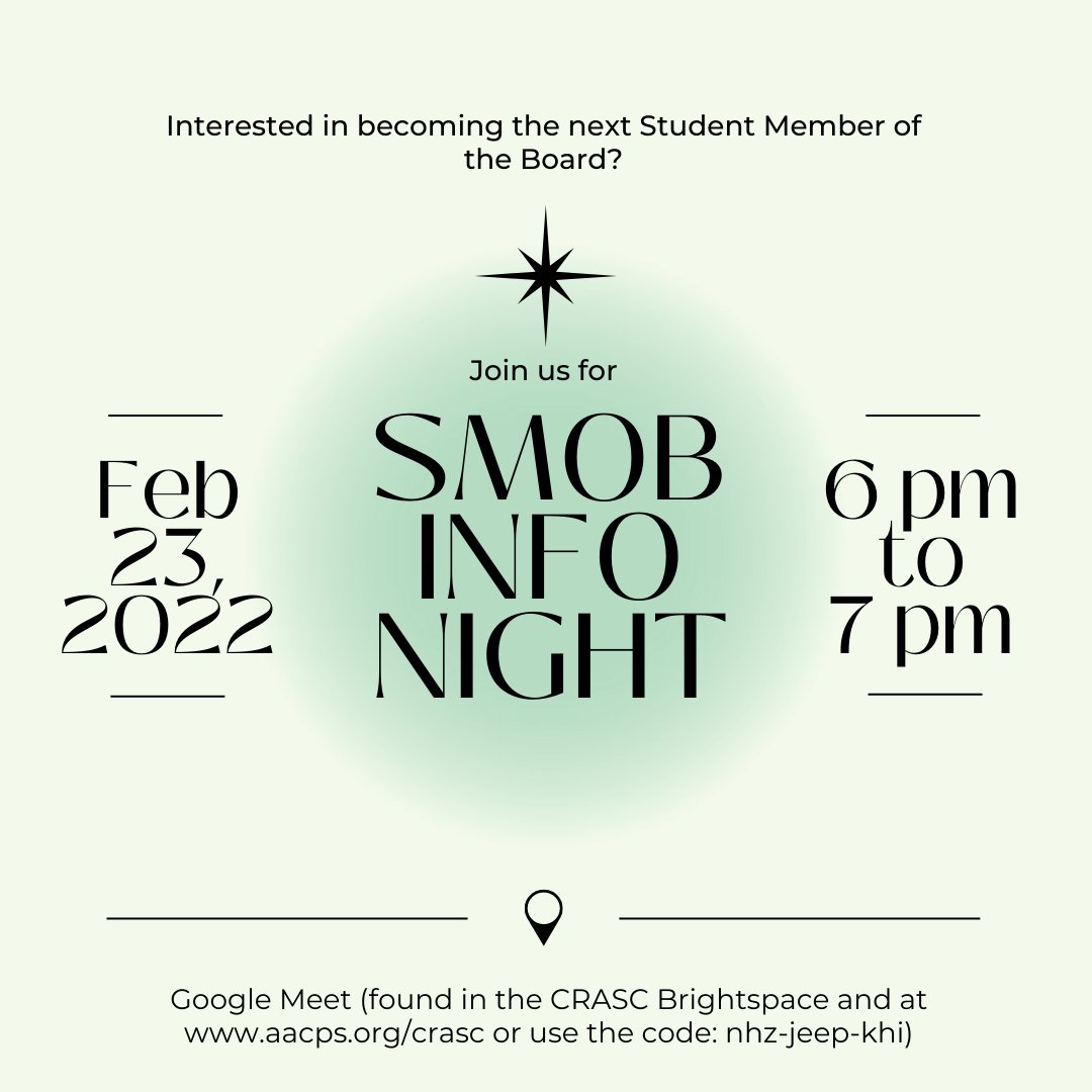 .<a href="/CRASC_Online/">CRASC</a> is hosting an info night for juniors interested in becoming the 2022-23 #SMOB.  Join us at 6pm TONIGHT.  Link can be found in the CRASC Brightspace and at aacps.org/crasc  Students must join using their school account!