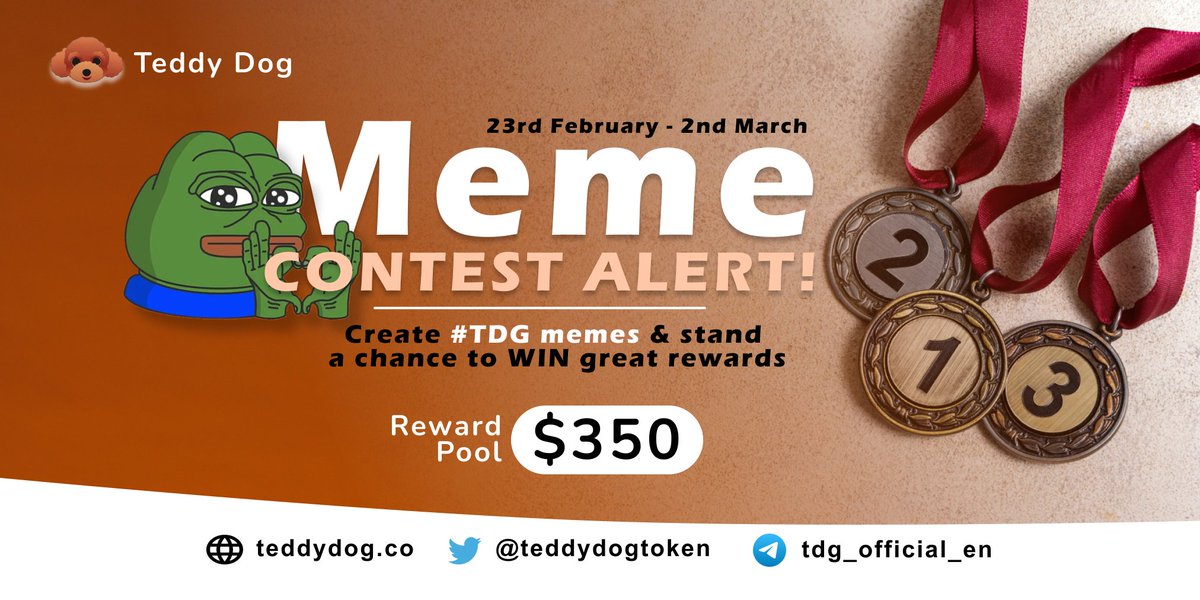 1/ Meme Contest Alert!

Let's get this community fired up &amp; spread the word about the new King of Meme, <a href="/TeddydogToken/">TeddydogToken</a>!

Create #TDG memes &amp; stand a chance to win great rewards.

Reward Pool: $350 
🥇= $55
🥈= $50
🥉= $45
Honorable Mentions = $20 × 8

Date: 23rd Feb – 2nd March.
