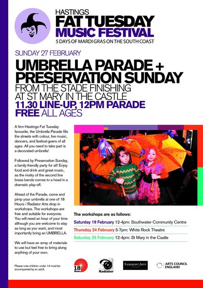 If you missed <a href="/RadiatorArts/">Radiator Arts</a> AMAZING umbrella parade workshop on the 19th of Feb, don't panic! There's another FREE workshop THIS THURSDAY (24th) evening <a href="/The_White_Rock/">White Rock Theatre</a> Theatre. Drop in between 5pm - 7pm ☂️
BRING AN OLD UMBRELLA!
#hastingsfattuesday2022