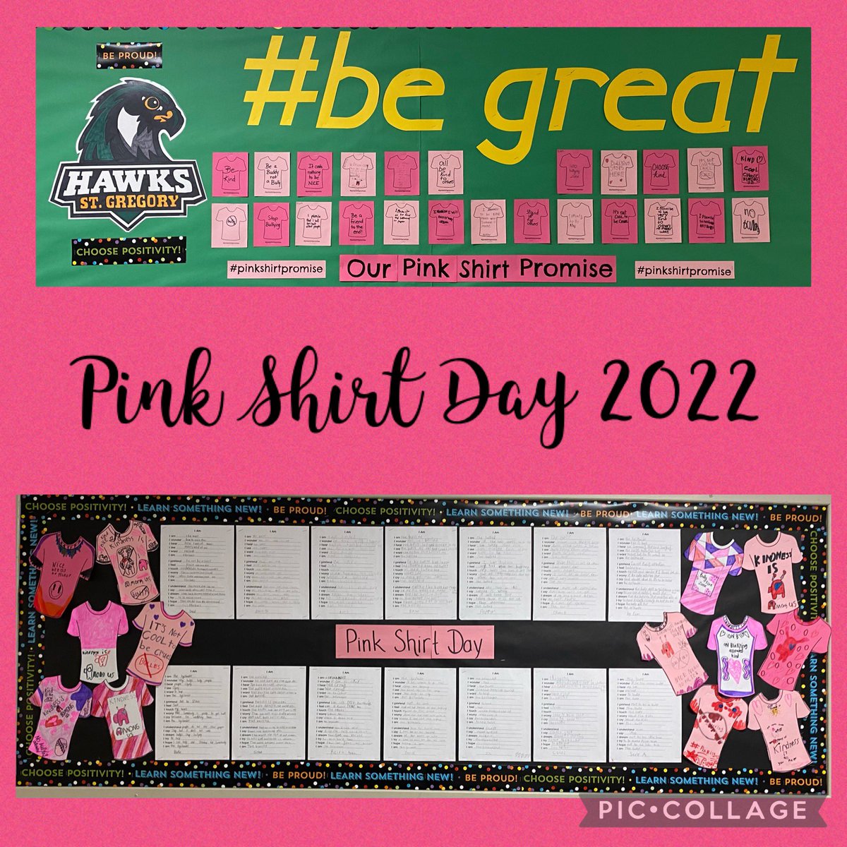 MsSDiniz's tweet photo. Today, on Pink Shirt Day, students shared great ideas on how to stop bullying and made a pink shirt promise to end bullying! #3H4WKS #BeGreat #PinkShirtDay2022 @SGRG_Hawks https://t.co/vEA298MZvp