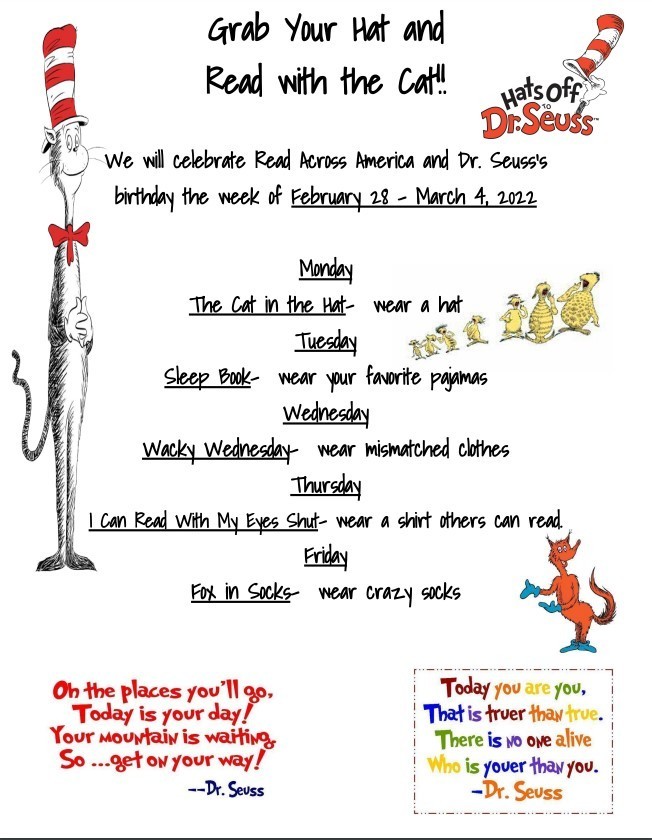 Grab your hat and read with the cat!  Join us as we celebrate Read Across America and Dr. Seuss’s birthday at EEI, February 28 - March 4.
