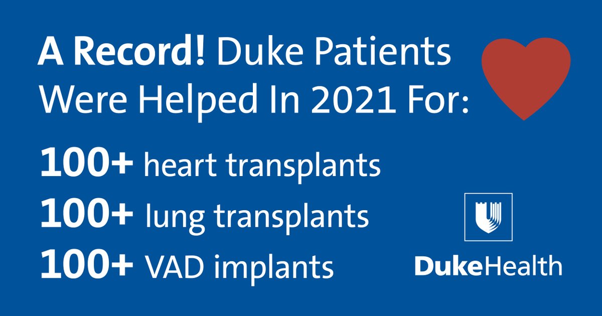 Proud to be a U.S. leader in #hearttransplants, & the only program in the Southeast to transplant 1,600+ hearts. In 2021, Duke Transplant became the only center to complete 100+ heart, lung & VAD implants. @DukeHeartCenter | @DukeHrtFailure | @DukeCTSurgery | #HeartMonth