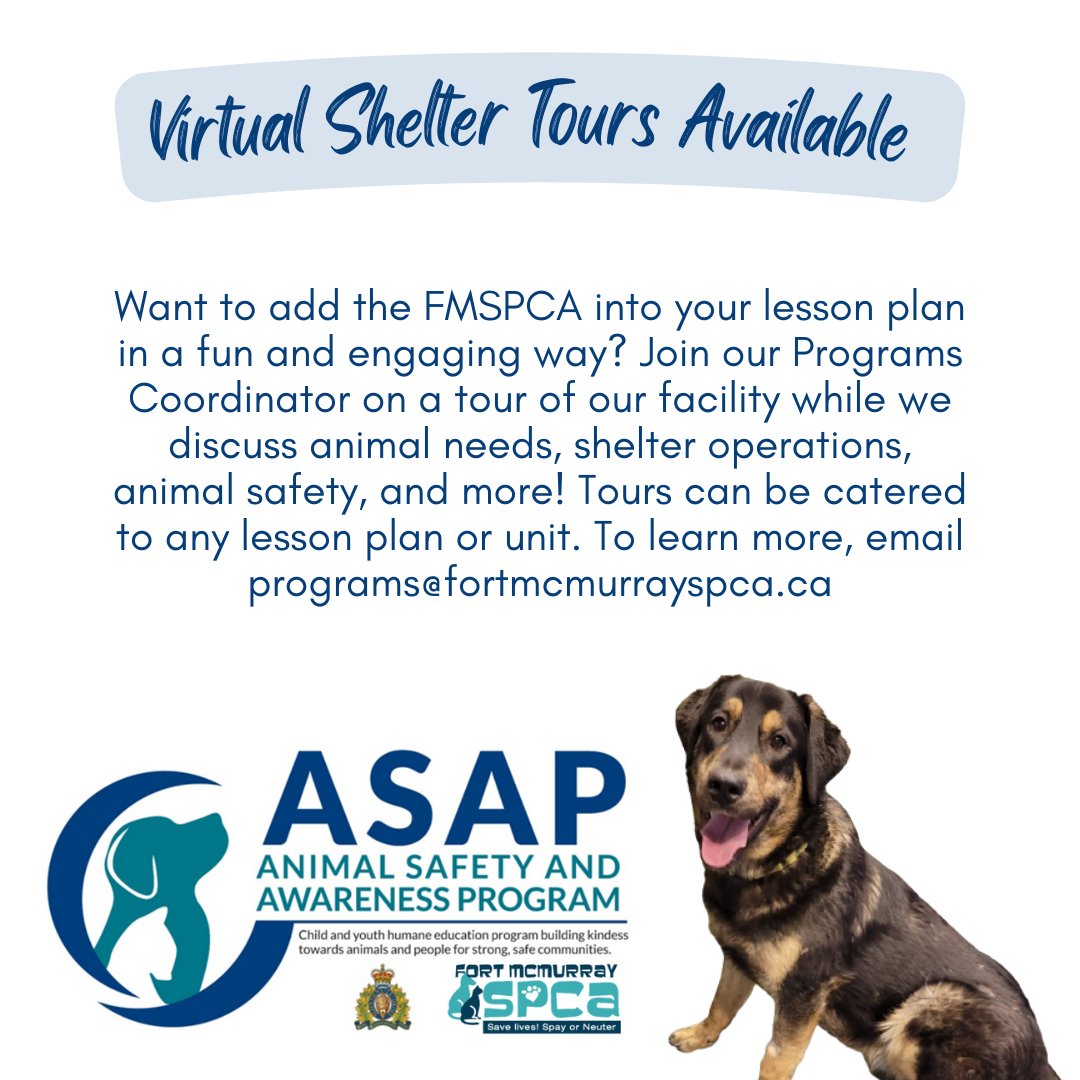 FMSPCA's tweet photo. #VirtualTours are available #ymm! Want to add the FMSPCA into your lesson plan in a fun and engaging way? Tours can be catered to any lesson plan or unit. To learn more, email programs@fortmcmurrayspca.ca #safetyandawareness #childrensprograms #virtualprograms https://t.co/7H8lSNnYNs