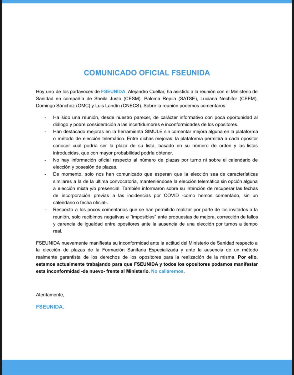FSEunida's tweet photo. COMUNICADO OFICIAL DE @FSEunida

#FSEdiceNO #elecciónatiemporeal 

@cesm_sindicatos @OMC_Espana @ceem_medicina @Cuellar95 @SheilajustoS @dosanz10 https://t.co/L6jklxZWkf