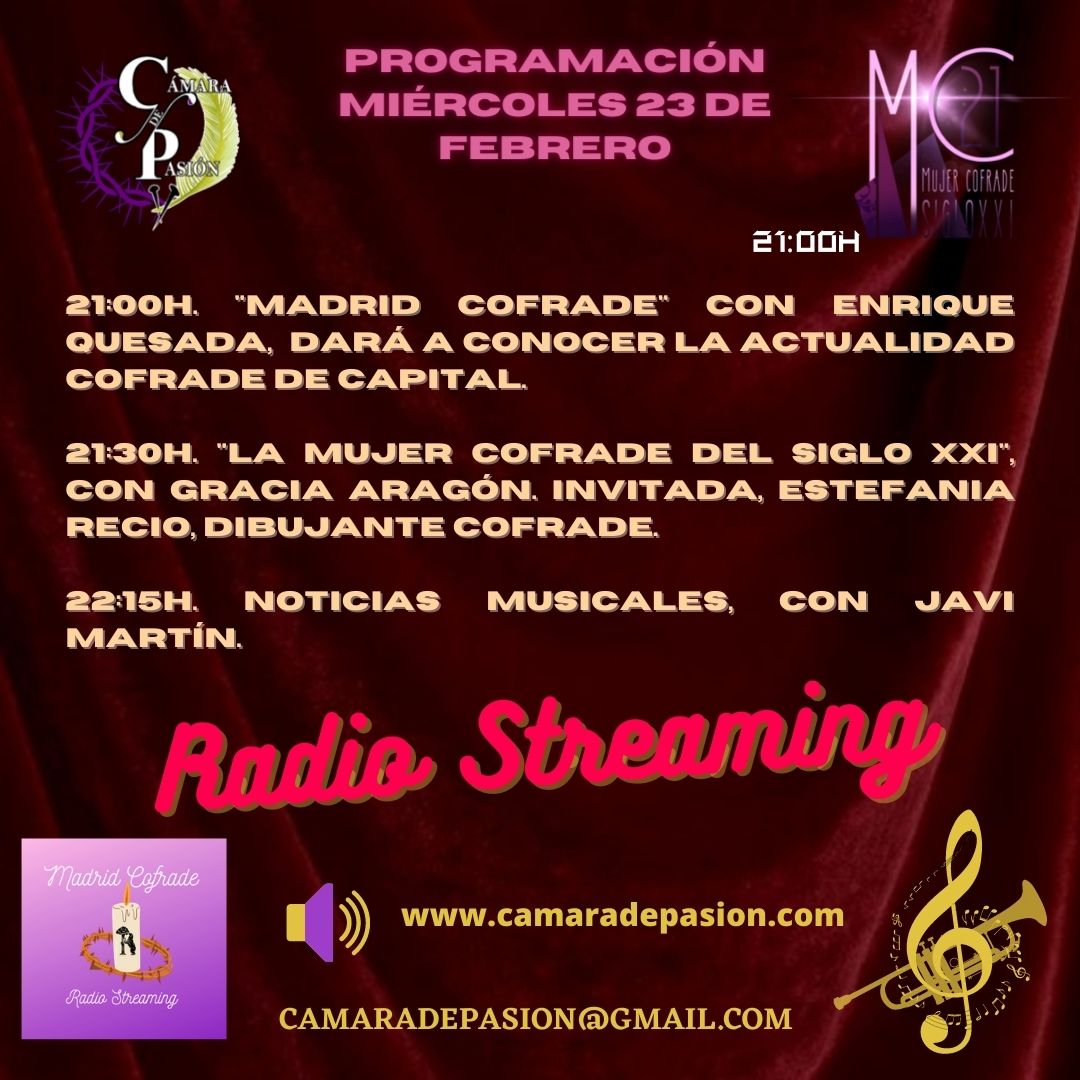 🎙️ Esta noche desde las 21.00h nuevo programa de @CamaradePasion online, desde las 21:30h sección de #lamujercofradedelsigloXXI
Escúchanos ➡️ campsite.bio/radiocdp

#CofradiasMLG #cofradiasmadrid 
#Madrid #Malaga