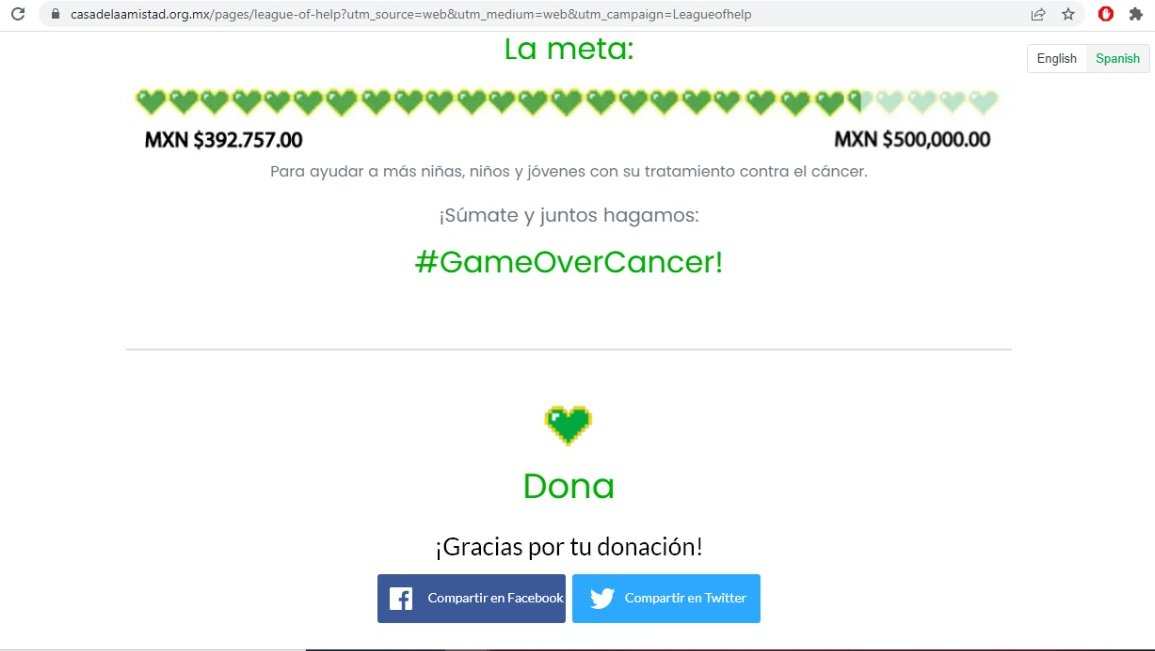 usaesports_gg's tweet photo. Nos sumamos a la causa para apoyar a @CasadelaAmistad para ayudar a más niñas, niños y jóvenes con su tratamiento contra el cáncer.
¡Súmate y juntos hagamos:
#GameOverCancer !
¡Acabo de donar una Liga de Ayuda! ¡Ayuda a apoyar a CDLA hoy!
https://t.co/MlbCNm4L5H https://t.co/TjYeQBm8QJ