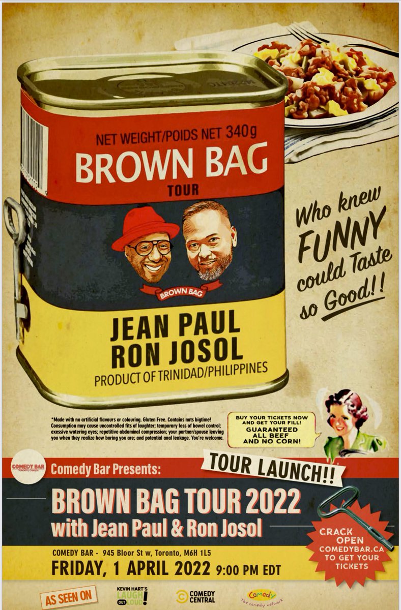 Hey IT’S OFFICIAL- April 1st
The Brown Bag Tour 2022 kicks off. 
Me and my comedy brother Jean Paul across the country. 
The tour launch goes down April 1st inside the Comedy Bar(945 Bloor St W) 9pm
Ticket link and info in my bio.
-Come for the big laughs and good vibes-