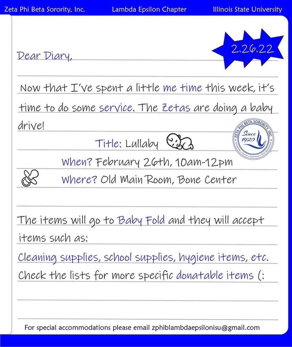 LE_Zetas's tweet photo. Help us give back to our community! 🤗 This Saturday we will be collecting items and donating them to the Baby Fold! 👶🏼

#ISU25 #ISU24 #ISU23 #ISU22 #ZPhi #ZetaPhiBeta https://t.co/FYhaf5R4pB