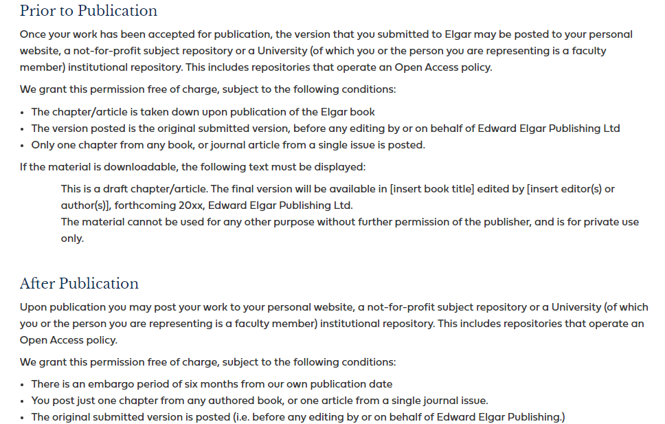 Ludo Waltman (@ludowaltman) on Twitter photo Just declined an offer from <a href="/ElgarPublishing/">Elgar Publishing</a> to edit a handbook for them, just like I declined earlier invitations to contribute to their handbooks; their reuse policy (e-elgar.com/author-hub/reu…) is too restrictive, making preprinting almost impossible; not acceptable in my view Just declined an offer from <a href="/ElgarPublishing/">Elgar Publishing</a> to edit a handbook for them, just like I declined earlier invitations to contribute to their handbooks; their reuse policy (e-elgar.com/author-hub/reu…) is too restrictive, making preprinting almost impossible; not acceptable in my view