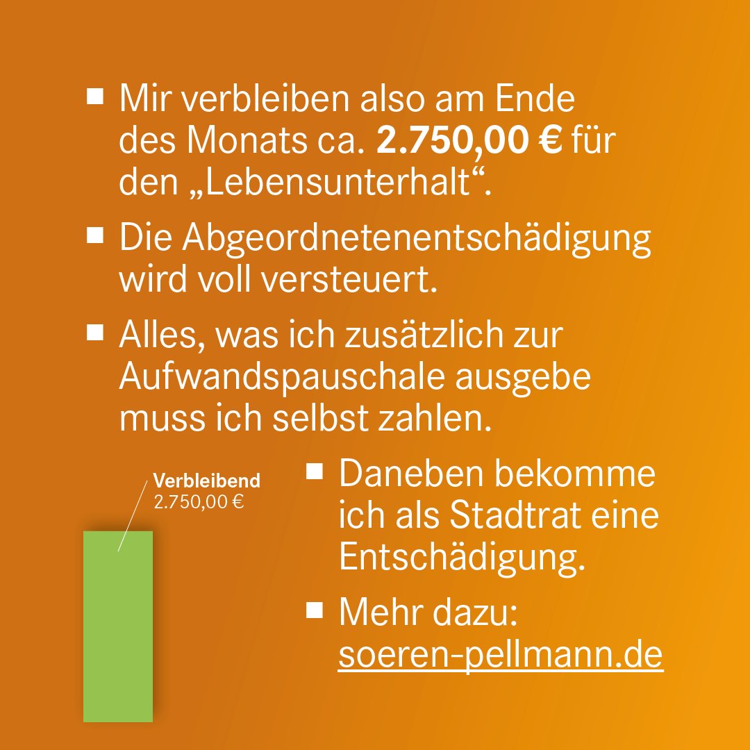 Text: „Mir verbleiben also am Ende des Monats ca. 2.750,00 € für den „Lebensunterhalt“. Die Abgeordnetenentschädigung wird voll versteuert. Alles, was ich zusätzlich zur Aufwandspauschale ausgebe muss ich selbst zahlen. Daneben bekomme ich als Stadtrat eine Entschädigung. Mehr dazu: soeren-pellmann.de“