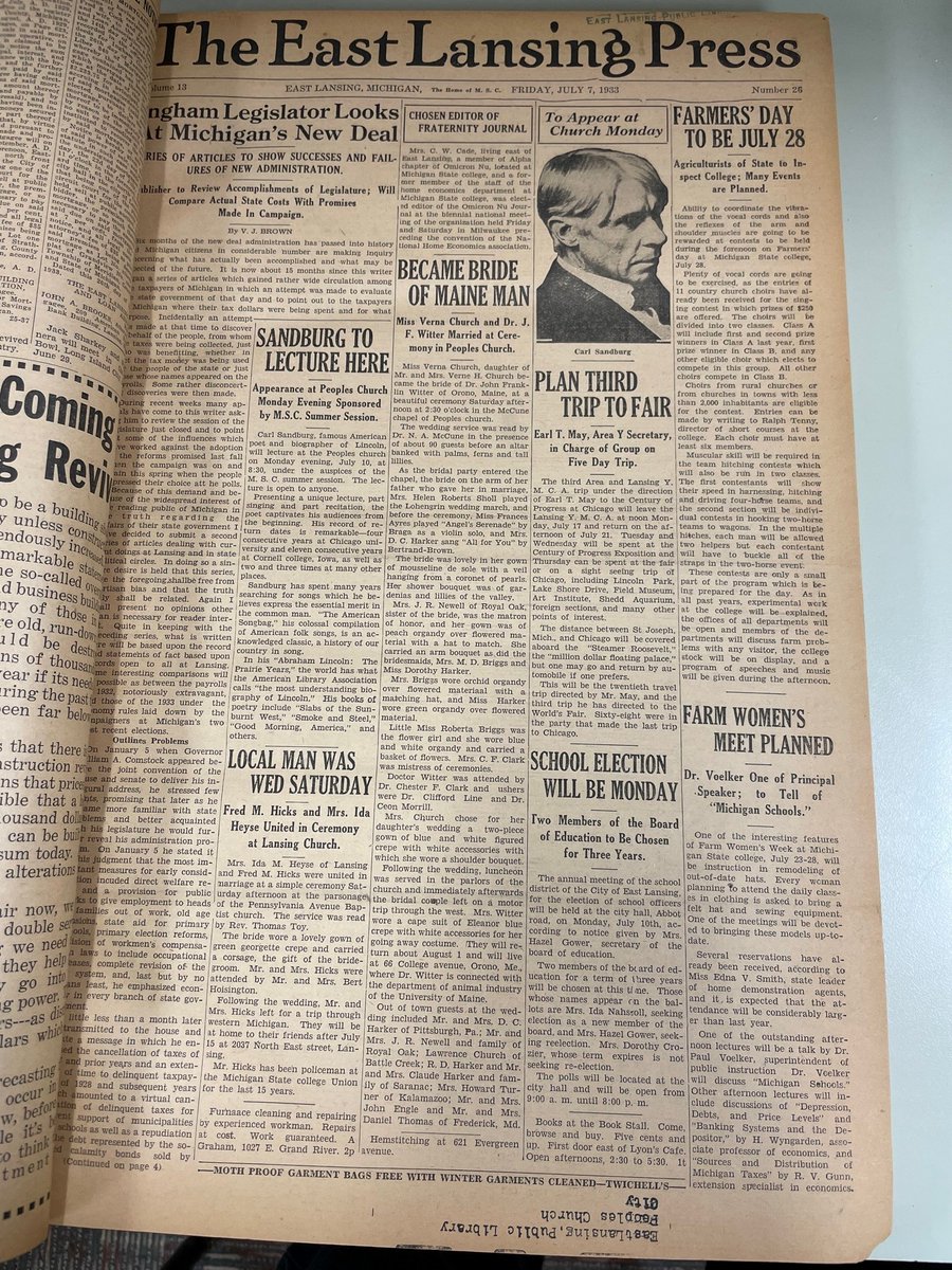 elplibrary's tweet photo. Just a day in the life in 1933!

Help us win a grant to digitize our historic newspapers like the one pictured by tweeting #DigEastLansing! Original tweets only please, likes and retweets don’t count. https://t.co/JlHddXbgR5