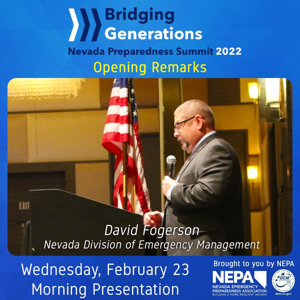 EmergencyPrepNV's tweet photo. DEM Chief Fogerson delivering his opening speech.
#NVPS2022 #Prepsummit #BridgingGenerations #SecuringNevadasFuture #NEPA #Creatingabettertomorrow #BuildingAMoreResilientNevada #JoinNEPANow #EmergencyManagement#BuildingConnections https://t.co/4C60XX66uR