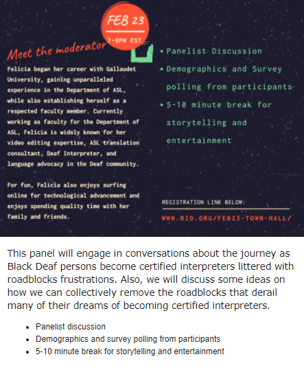 ASLinterpretIC's tweet image. Tonight!  February 23, 2022. 

7P-9P EST. Zoom.

A panel discussion, with moderator Felicia Williams: MA, Deaf Interpreter. 

More info and to register: rid.org/feb23-town-hal…