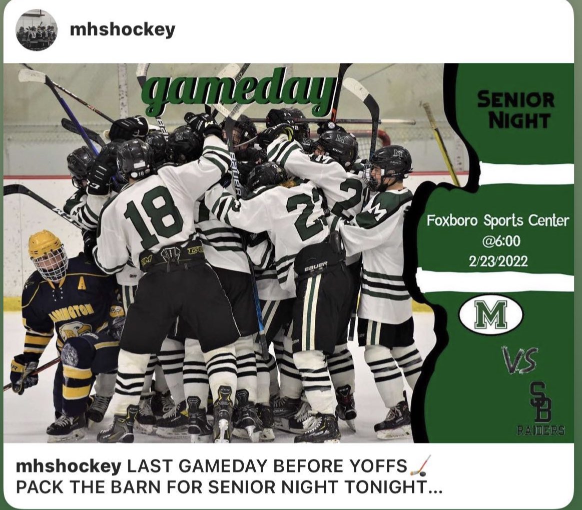 Last regular season game for boys hockey and SENIOR NIGHT! 🐝🏒
Pack the barn! <a href="/HockomockSports/">HockomockSports</a> <a href="/MHSHOCKEY3/">MHS Hockey</a> @MansfieldWL <a href="/MassHSHockey/">MassHSHockey</a> <a href="/MHShornets/">Mansfield High</a>