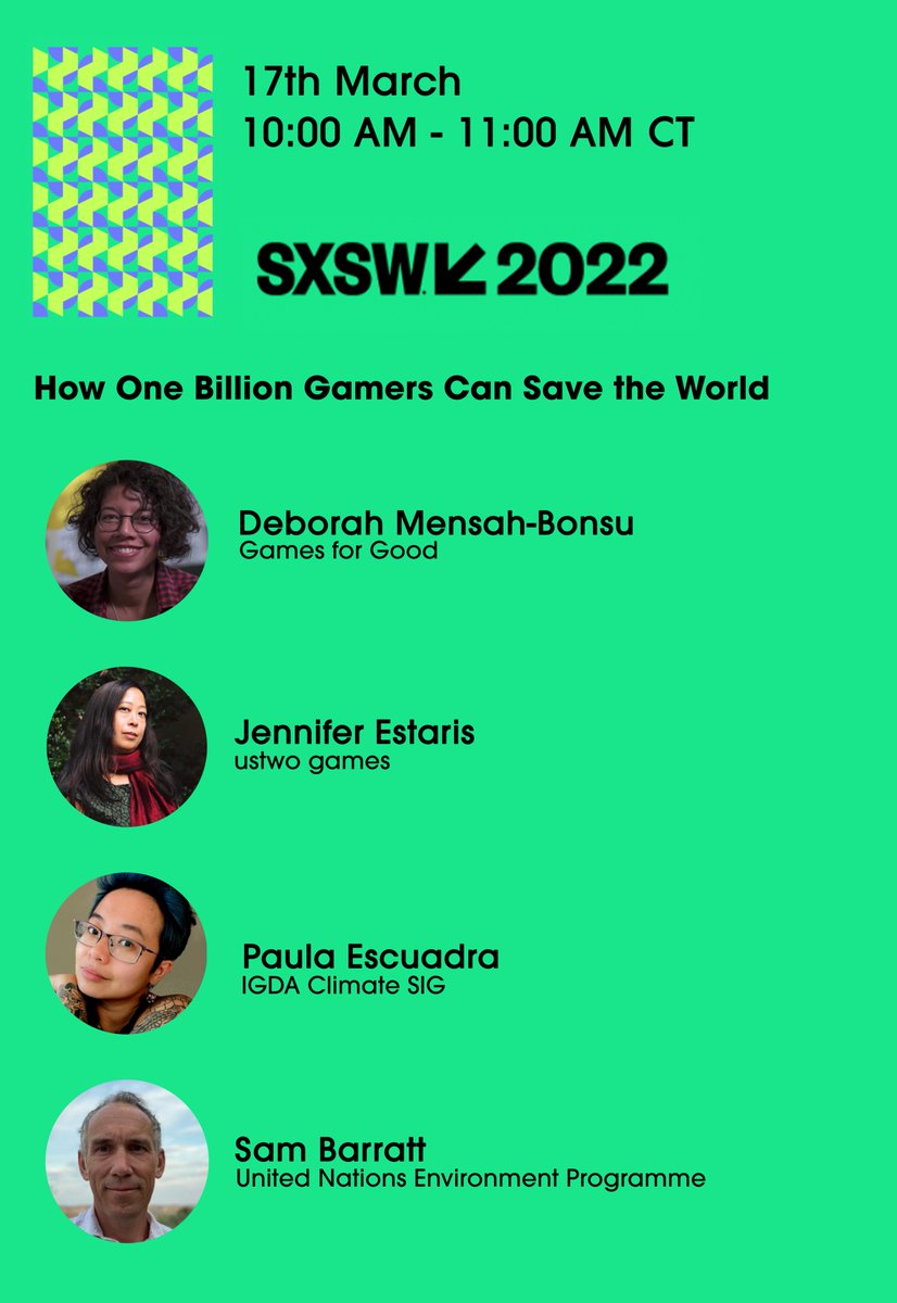Mega excited to announce that I'll be at SXSW on a panel about how one billion gamers can save the world (that's all it takes, 1B‽ (interrobang)), with focus on Playing for the Planet. Come join!

schedule.sxsw.com/2022/events/PP…

#Sustainability #playingfortheplanet