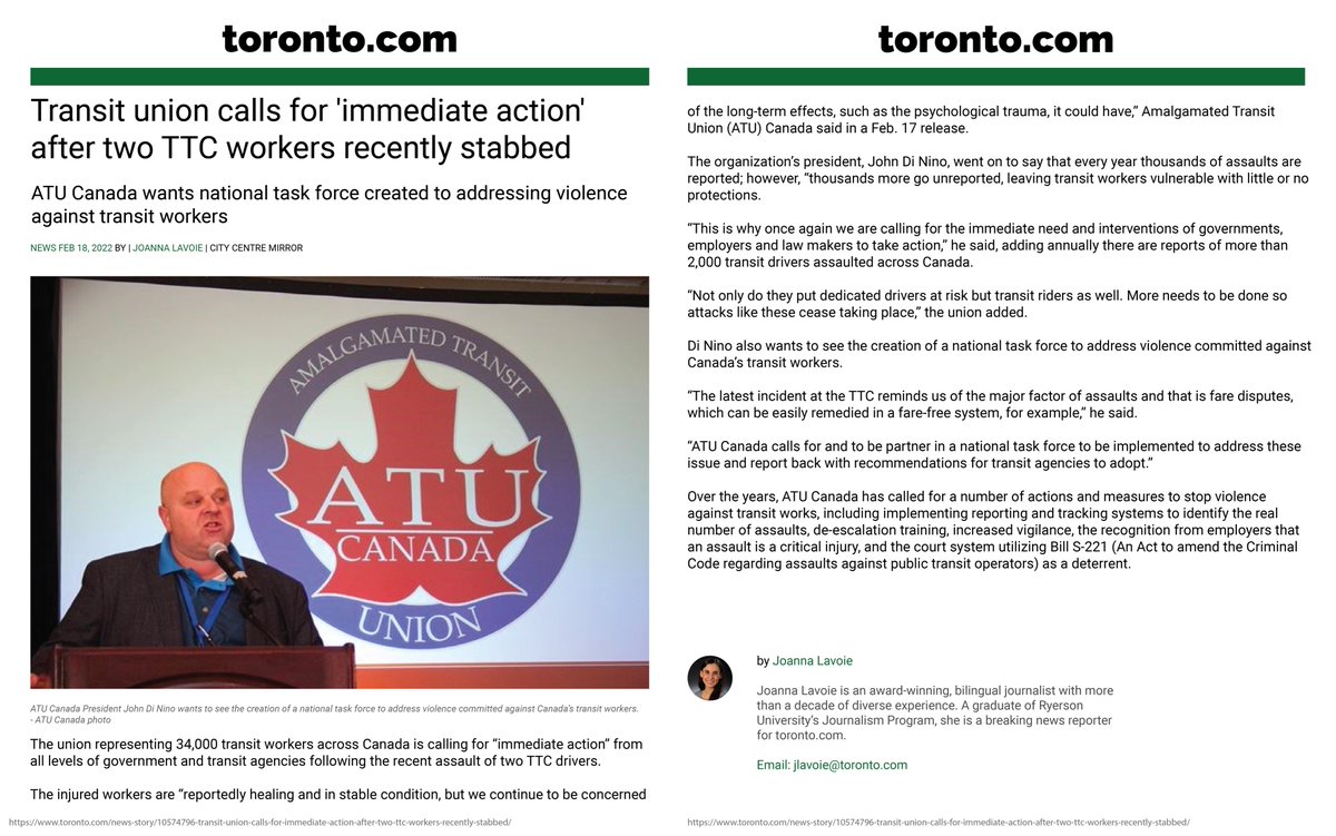 ATU calls for 'immediate action' after two TTC workers recently stabbed.