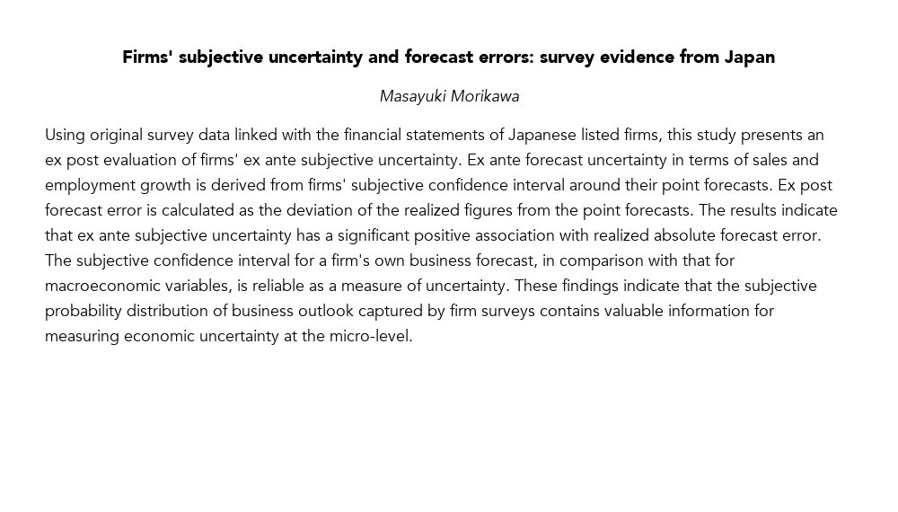 Firms' subjective uncertainty and forecast errors: survey evidence from Japan

Masayuki Morikawa

https://t.co/5RQCtpr4fL https://t.co/x99AB55n33