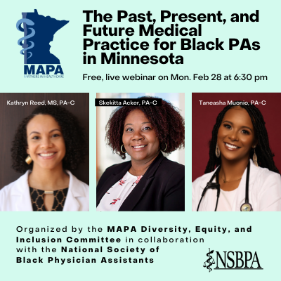 MNAcadPA's tweet photo. Join us on Mon. Feb 28 evening to hear about the past, present, and future medical practice for #blackPAs in Minnesota, with the @theNSBPA. #freewebinar https://t.co/RK1GDoQJCT https://t.co/2yM5NG1RU0