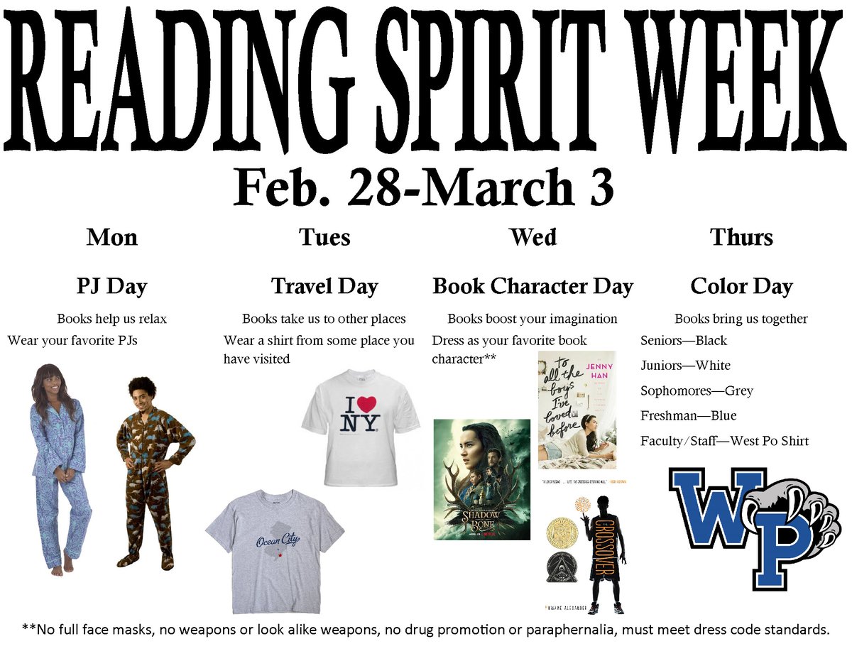 Reading Spirit week is next week! <a href="/theWPboard/">West Potomac HS (we/they/them)</a> <a href="/WestPoSGA/">West Potomac SGA</a> @WestPotomacPTSA <a href="/WPHSSS/">WPHSStudentServices</a> <a href="/MissBNews/">Miss B</a> <a href="/thewpwire/">West Potomac Wire</a> <a href="/FCPS_LIS/">FCPS Library Program</a>
