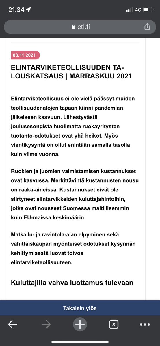 SamuelAulanko's tweet photo. @MarttilaJuha @jaakkoloikkanen Elintarviketeollisuusliiton viime marraskuun katsauksessa todetaan, että kustannusten nousu ei ole siirtynyt kuluttajahintoihin. Kaupan voitto tullut jostakin muualta? https://t.co/bs7F0GGh98