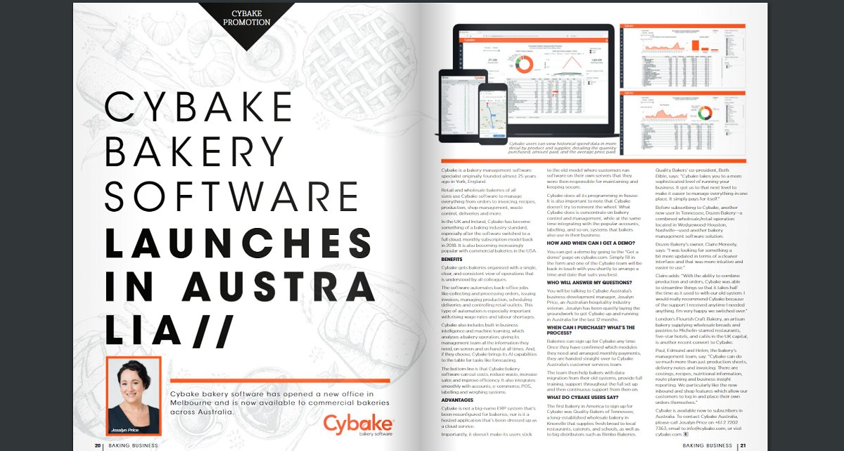 Cybake's tweet photo. Big shout out to all at #Australian commercial #bakery #bible, #BakingBusiness (@bakingmagazine) for this great spread about us and explaining how our ##cloud #software cuts admin, improves efficiency and increases sales in #bakeries.
#Australia #bakerysoftware #baking https://t.co/cWaGE6PXMK