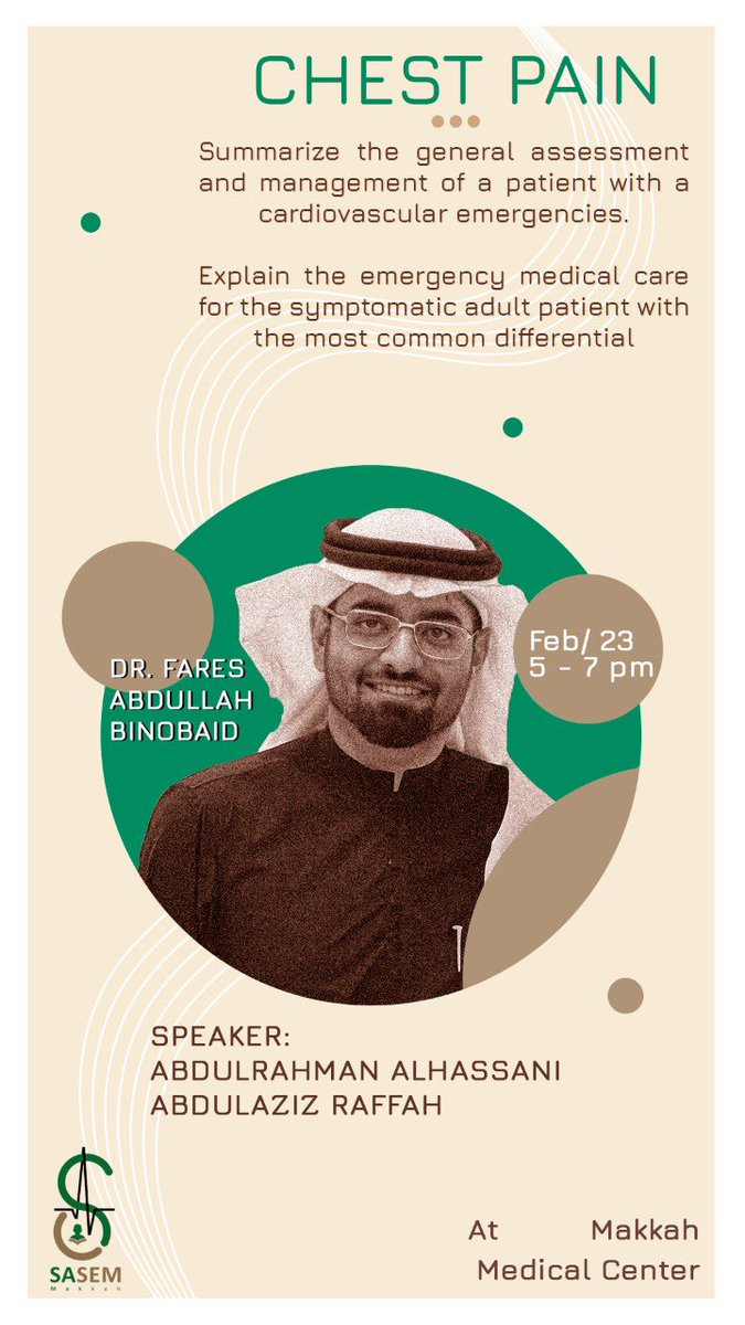 Raffah_Az's tweet image. I’m really happy taking part in presenting a topic about chest pain, supervised by Dr. Faris Binobaid.

Seeking for future sessions 😍

#SASEM_SC_MAKKAH
