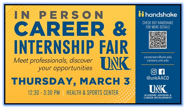 Discover new career opportunities. Students of all majors can connect and network with employers at the Thursday, March 3, Career &amp; Internship Fair. Register in Handshake unk.joinhandshake.com/.../30282/stud…... and start researching employers that may be hiring in your career focus.