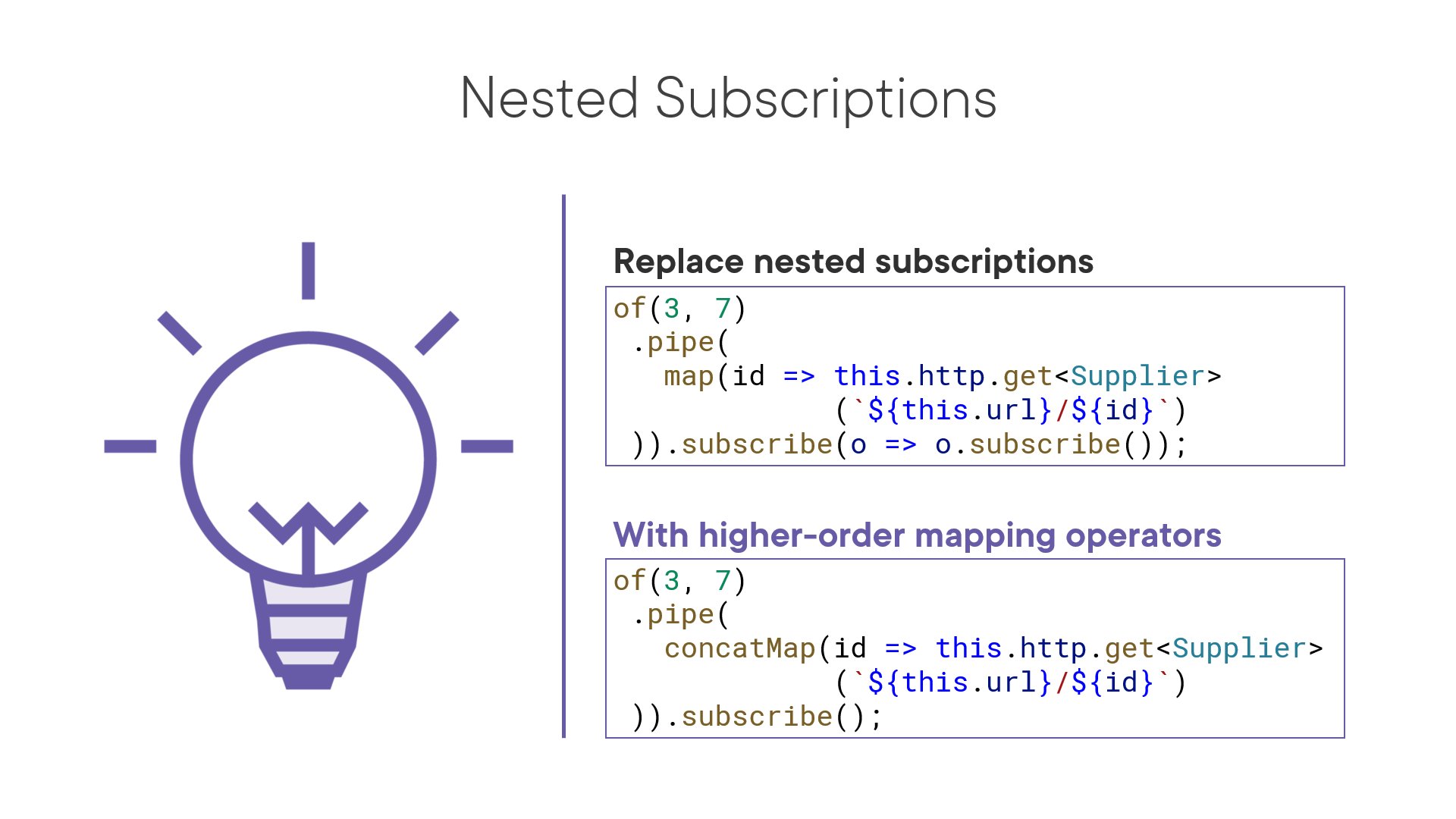 Deborah Kurata | youtube.com/@deborah_kurata on X: "An #rxjs tip from my updated "RxJS in Angular: Reactive Development" course on Pluralsight. Replace nested subscriptions with a higher-order mapping operator. With a nested subscription: - Deborah Kurata | youtube.com/@deborah_kurata on X: "An #rxjs tip from my updated "RxJS in Angular: Reactive Development" course on Pluralsight. Replace nested subscriptions with a higher-order mapping operator. With a nested subscription: -